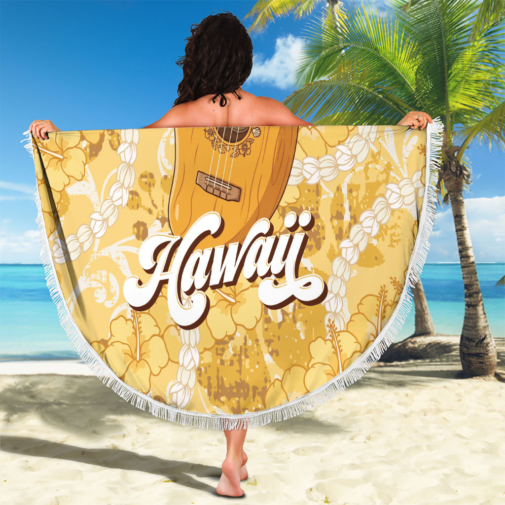Hawaiian Mango Ukulele Beach Blanket Retro Yellow Hibiscus Pikake Lei