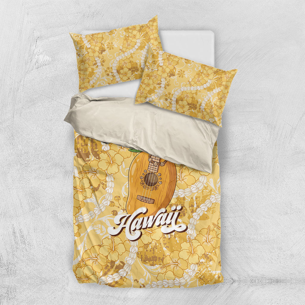 Hawaiian Mango Ukulele Bedding Set Retro Yellow Hibiscus Pikake Lei
