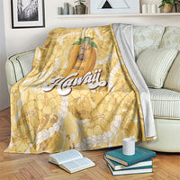 Hawaiian Mango Ukulele Blanket Retro Yellow Hibiscus Pikake Lei
