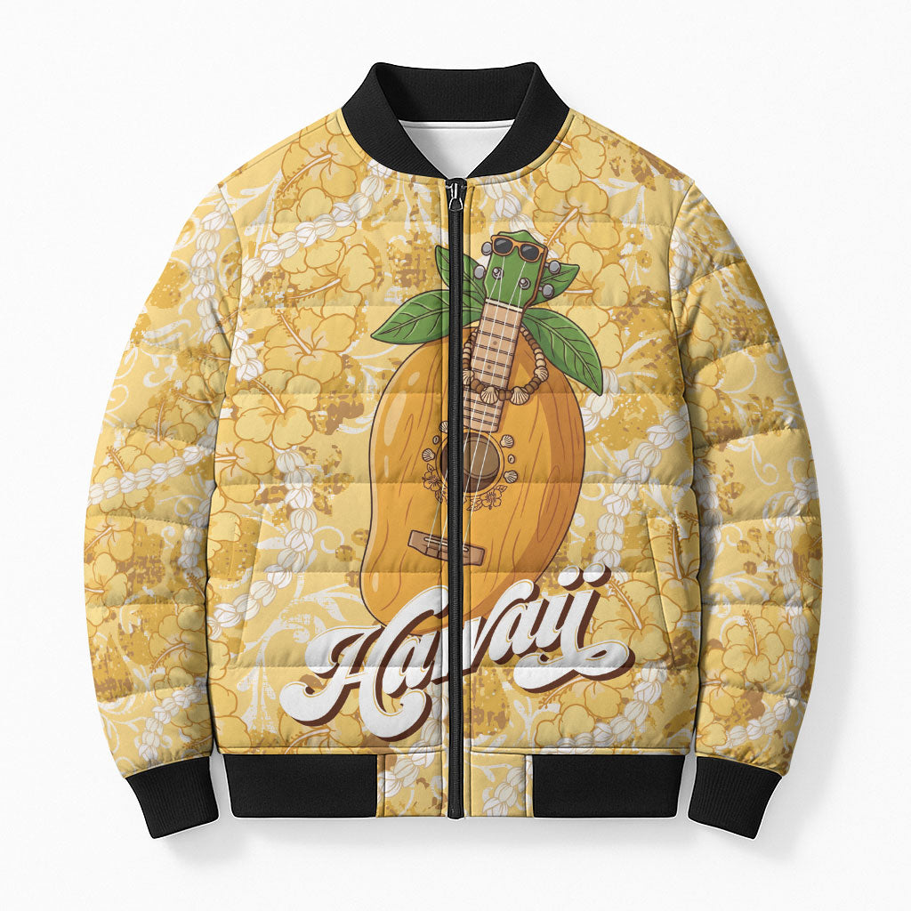 Hawaiian Mango Ukulele Bomber Puffer Jacket Retro Yellow Hibiscus Pikake Lei