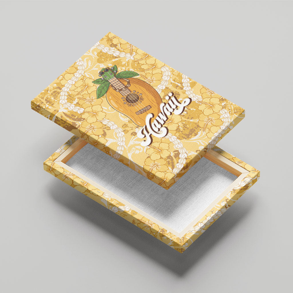 Hawaiian Mango Ukulele Canvas Wall Art Retro Yellow Hibiscus Pikake Lei