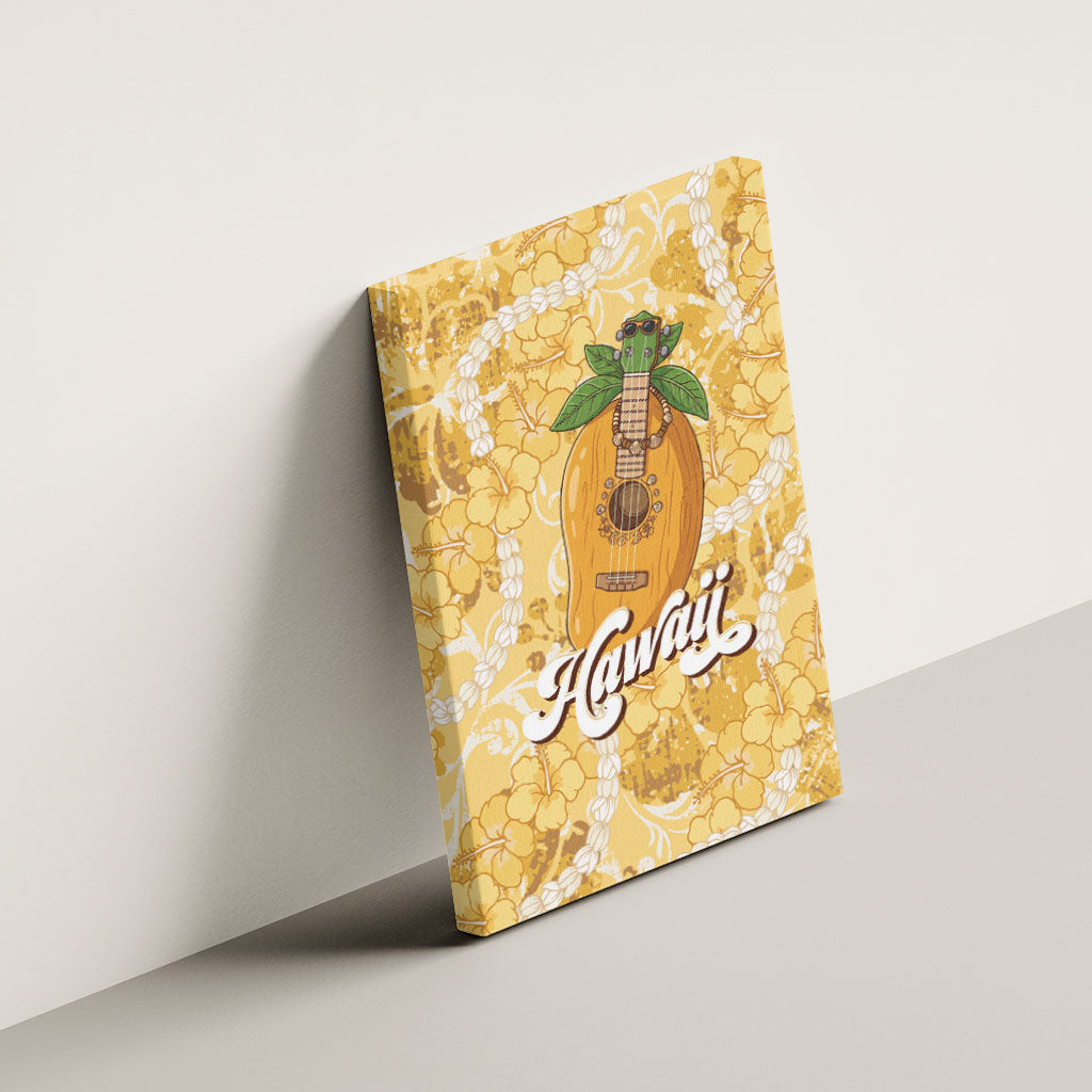 Hawaiian Mango Ukulele Canvas Wall Art Retro Yellow Hibiscus Pikake Lei
