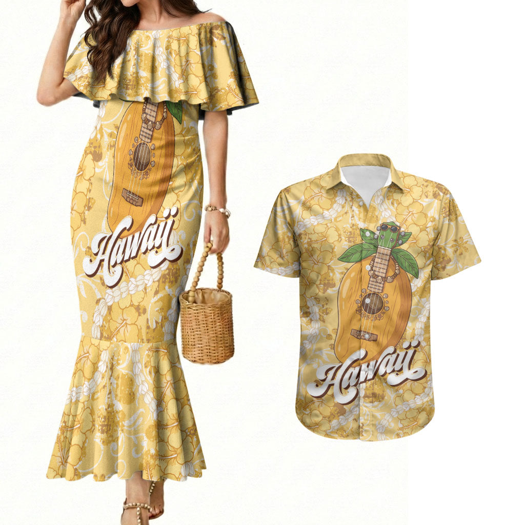 Hawaiian Mango Ukulele Couples Matching Mermaid Dress and Hawaiian Shirt Retro Yellow Hibiscus Pikake Lei