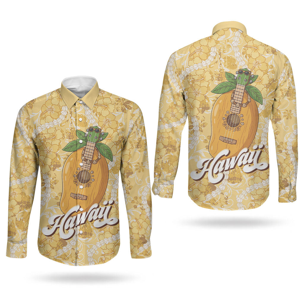 Hawaiian Mango Ukulele Couples Matching Mermaid Dress and Long Sleeve Button Shirt Retro Yellow Hibiscus Pikake Lei