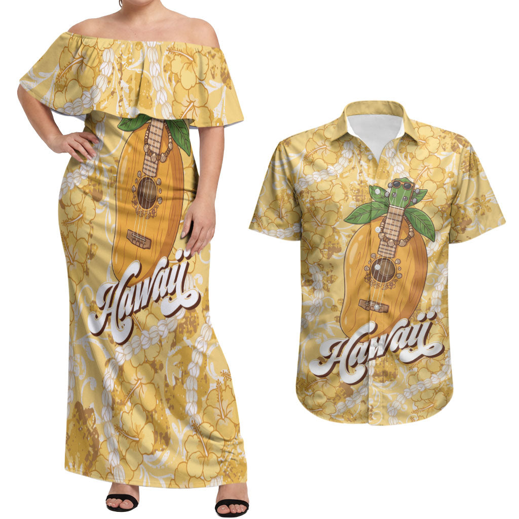 Hawaiian Mango Ukulele Couples Matching Off Shoulder Maxi Dress and Hawaiian Shirt Retro Yellow Hibiscus Pikake Lei