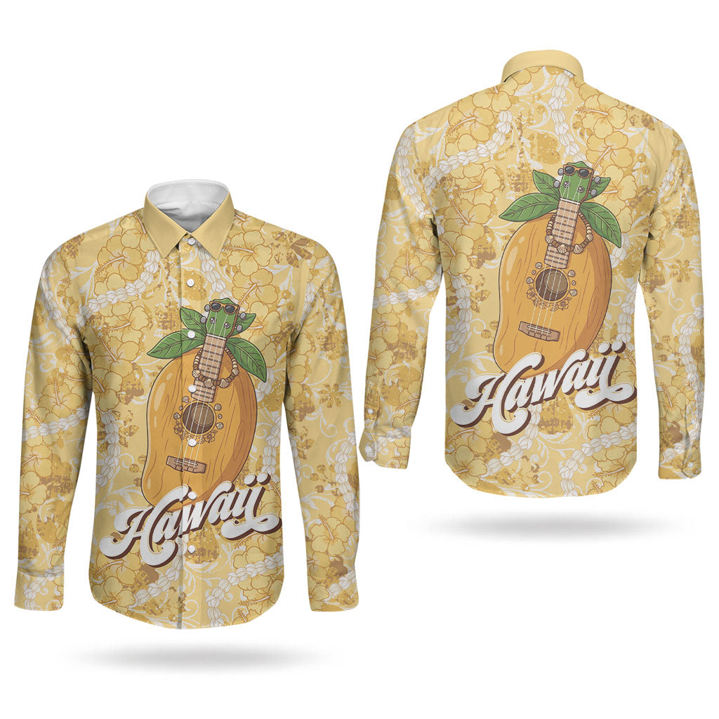 Hawaiian Mango Ukulele Couples Matching Off Shoulder Maxi Dress and Long Sleeve Button Shirt Retro Yellow Hibiscus Pikake Lei