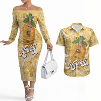 Hawaiian Mango Ukulele Couples Matching Off The Shoulder Long Sleeve Dress and Hawaiian Shirt Retro Yellow Hibiscus Pikake Lei