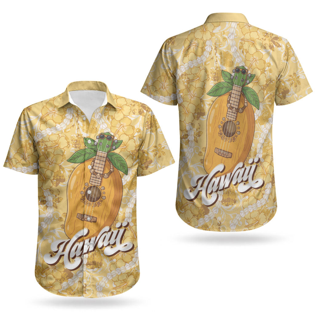 Hawaiian Mango Ukulele Couples Matching Off The Shoulder Long Sleeve Dress and Hawaiian Shirt Retro Yellow Hibiscus Pikake Lei