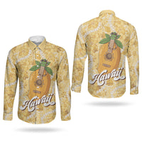 Hawaiian Mango Ukulele Couples Matching Off The Shoulder Long Sleeve Dress and Long Sleeve Button Shirt Retro Yellow Hibiscus Pikake Lei