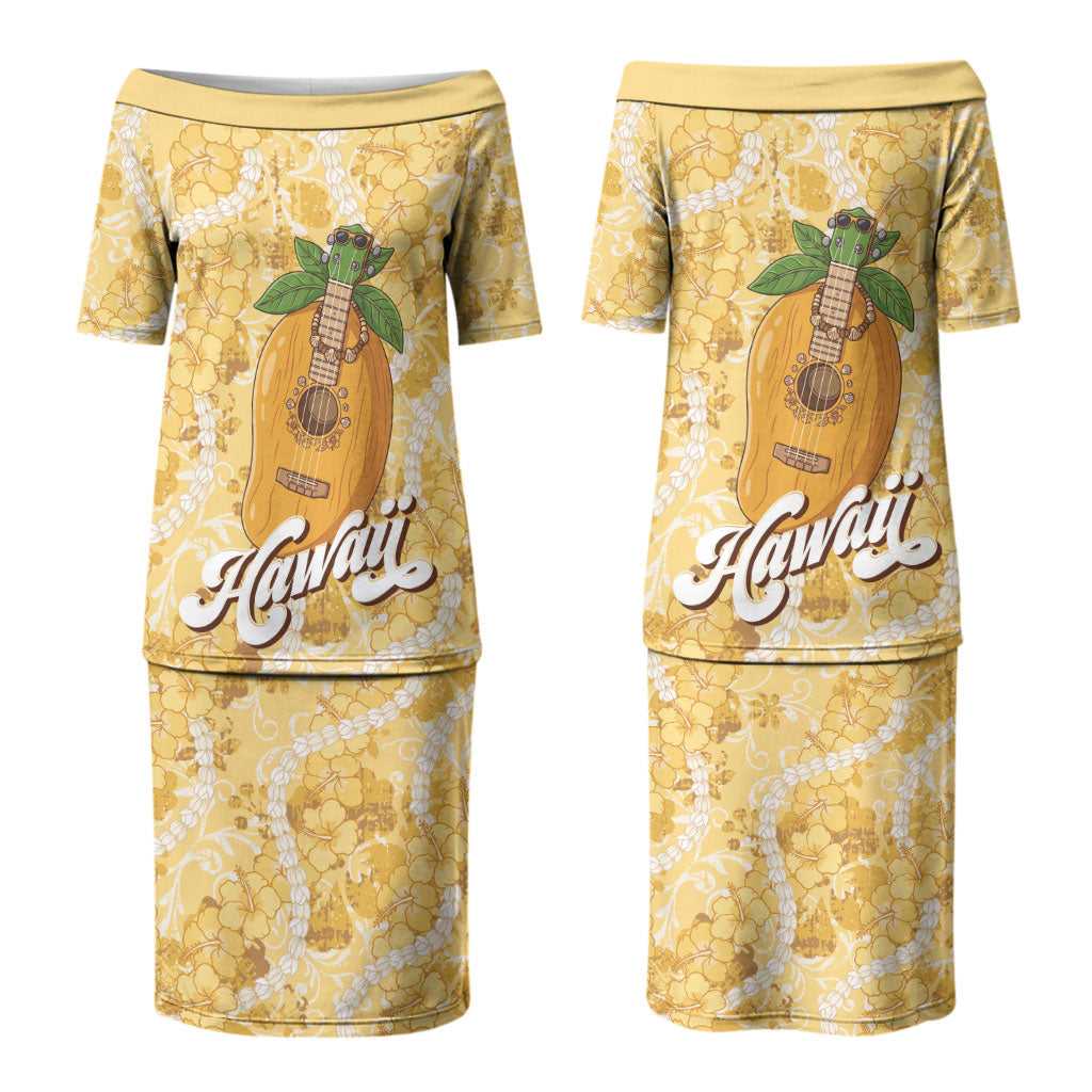 Hawaiian Mango Ukulele Couples Matching Puletasi and Hawaiian Shirt Retro Yellow Hibiscus Pikake Lei