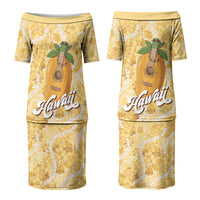 Hawaiian Mango Ukulele Couples Matching Puletasi and Hawaiian Shirt Retro Yellow Hibiscus Pikake Lei