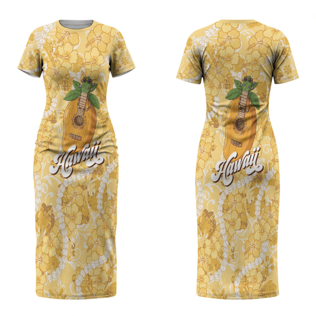 Hawaiian Mango Ukulele Couples Matching Short Sleeve Bodycon Dress and Hawaiian Shirt Retro Yellow Hibiscus Pikake Lei