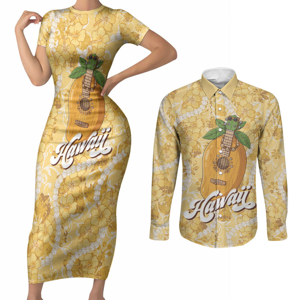 Hawaiian Mango Ukulele Couples Matching Short Sleeve Bodycon Dress and Long Sleeve Button Shirt Retro Yellow Hibiscus Pikake Lei