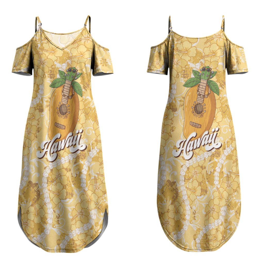 Hawaiian Mango Ukulele Couples Matching Summer Maxi Dress and Hawaiian Shirt Retro Yellow Hibiscus Pikake Lei