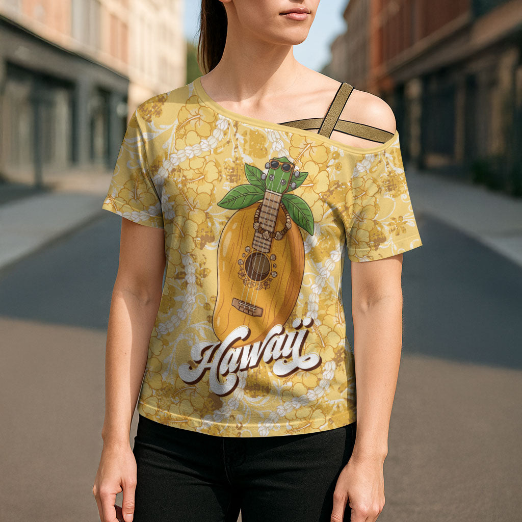 Hawaiian Mango Ukulele Cross Shoulder Shirt Retro Yellow Hibiscus Pikake Lei