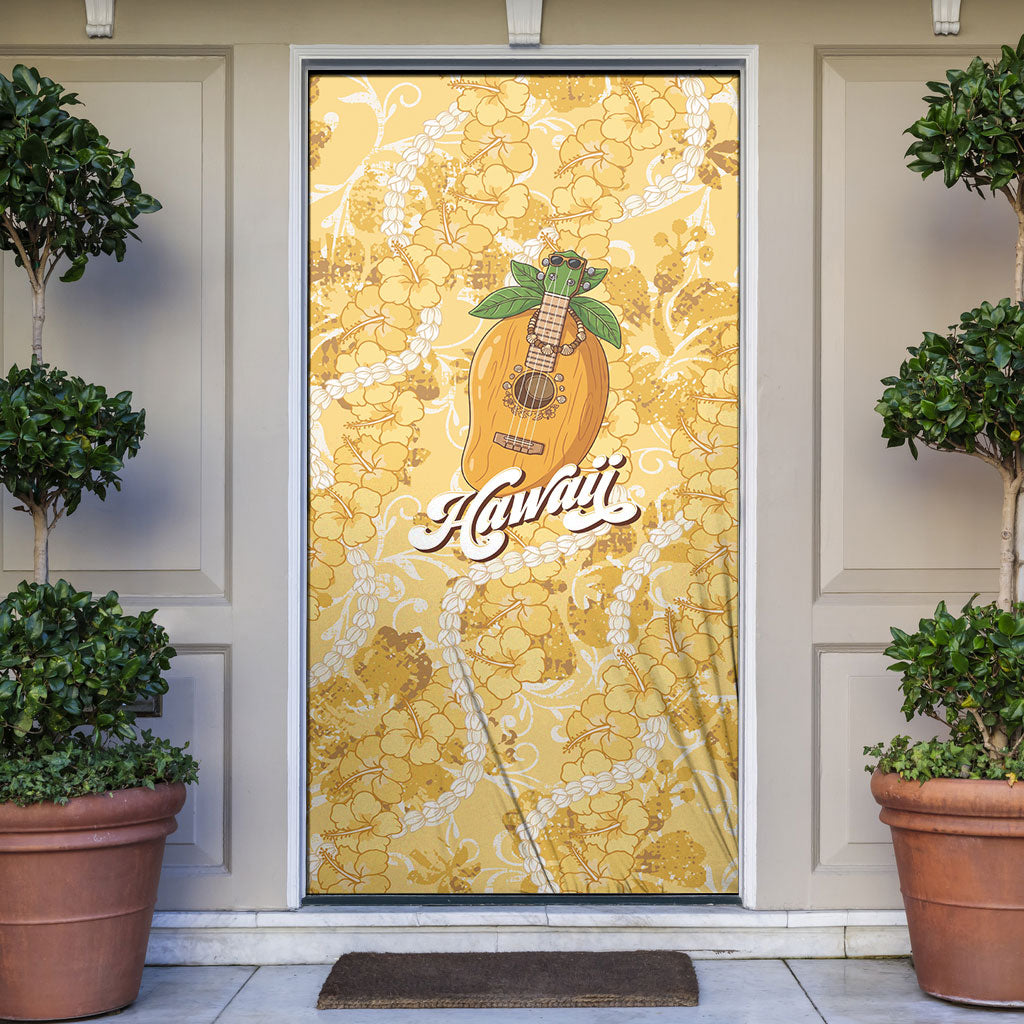 Hawaiian Mango Ukulele Door Cover Retro Yellow Hibiscus Pikake Lei