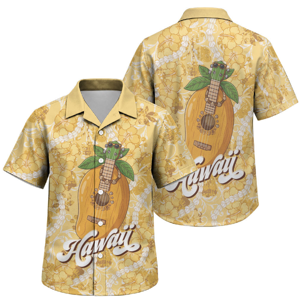 Hawaiian Mango Ukulele Family Matching Long Sleeve Bodycon Dress and Hawaiian Shirt Retro Yellow Hibiscus Pikake Lei