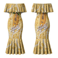 Hawaiian Mango Ukulele Family Matching Mermaid Dress and Hawaiian Shirt Retro Yellow Hibiscus Pikake Lei