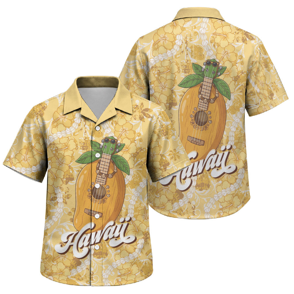 Hawaiian Mango Ukulele Family Matching Mermaid Dress and Hawaiian Shirt Retro Yellow Hibiscus Pikake Lei