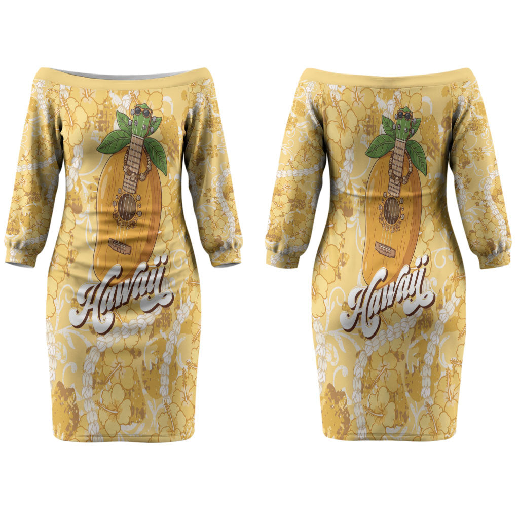 Hawaiian Mango Ukulele Family Matching Off The Shoulder Long Sleeve Dress and Hawaiian Shirt Retro Yellow Hibiscus Pikake Lei