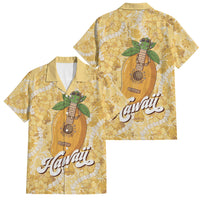 Hawaiian Mango Ukulele Family Matching Off Shoulder Maxi Dress and Hawaiian Shirt Retro Yellow Hibiscus Pikake Lei