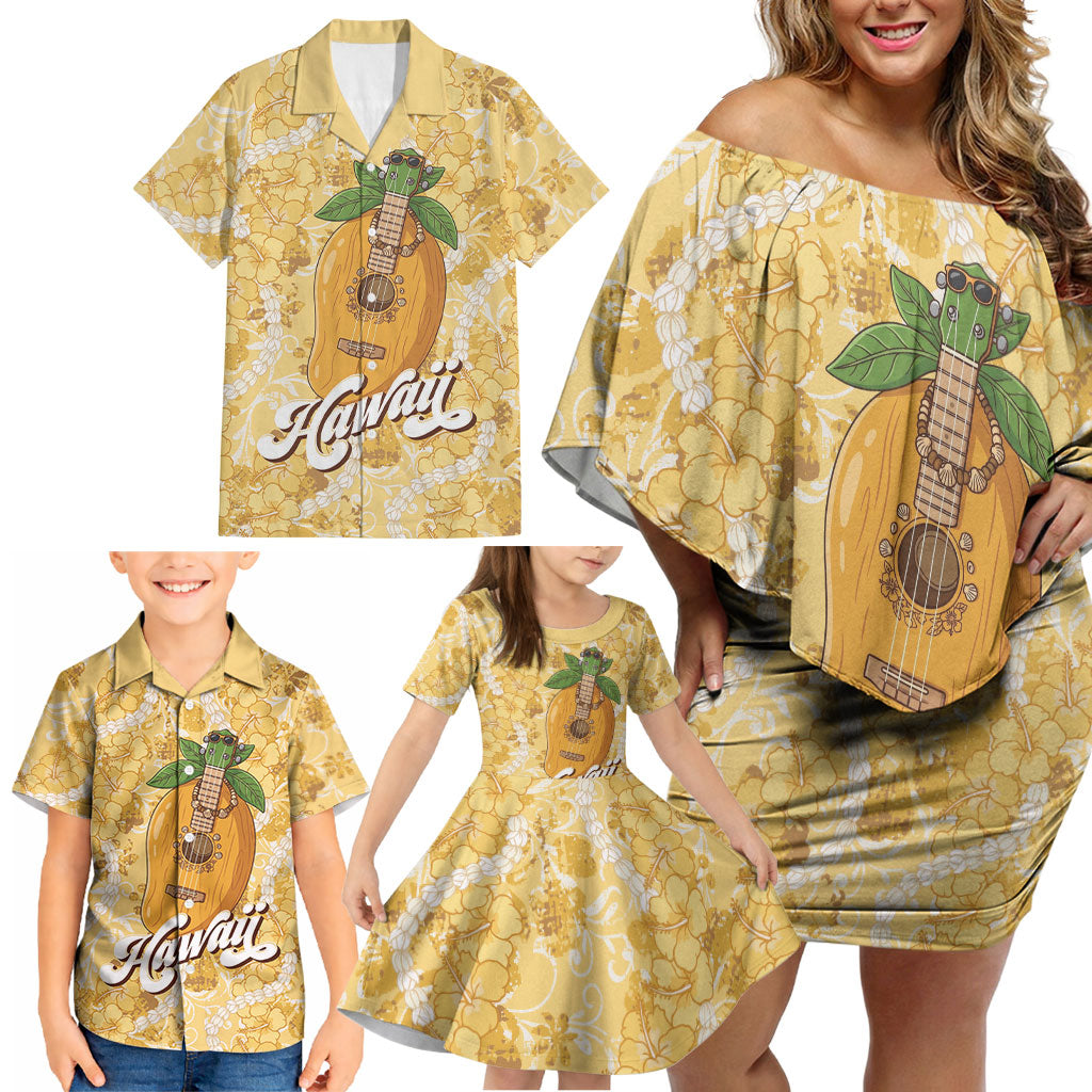 Hawaiian Mango Ukulele Family Matching Off Shoulder Short Dress and Hawaiian Shirt Retro Yellow Hibiscus Pikake Lei