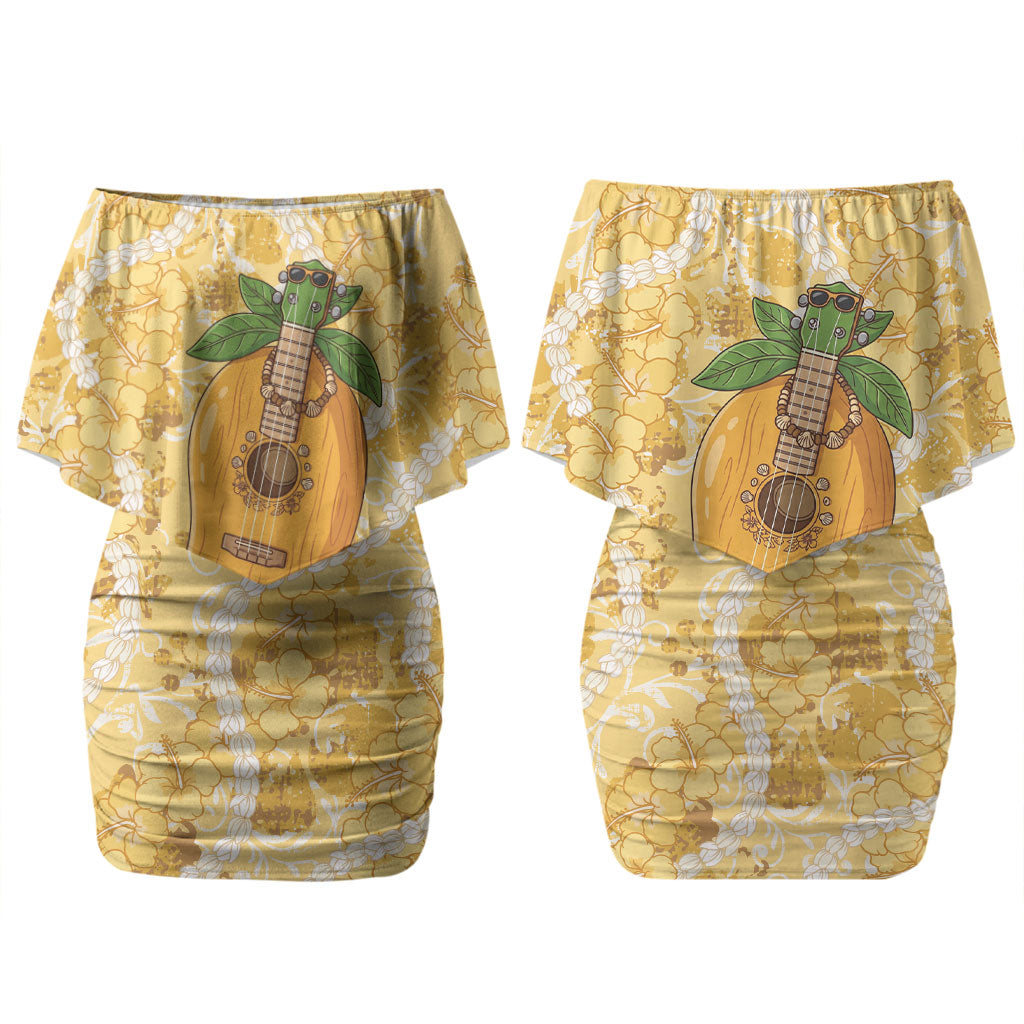 Hawaiian Mango Ukulele Family Matching Off Shoulder Short Dress and Hawaiian Shirt Retro Yellow Hibiscus Pikake Lei
