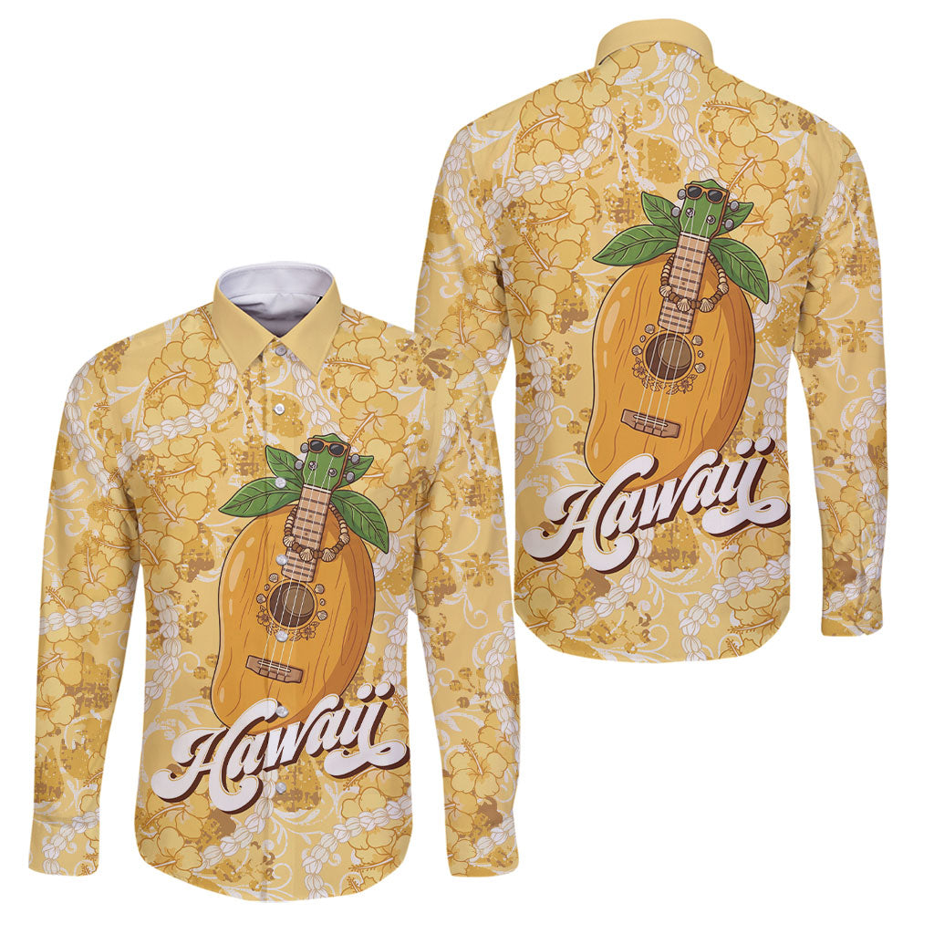 Hawaiian Mango Ukulele Family Matching Puletasi and Hawaiian Shirt Retro Yellow Hibiscus Pikake Lei