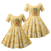 Hawaiian Mango Ukulele Family Matching Short Sleeve Bodycon Dress and Hawaiian Shirt Retro Yellow Hibiscus Pikake Lei