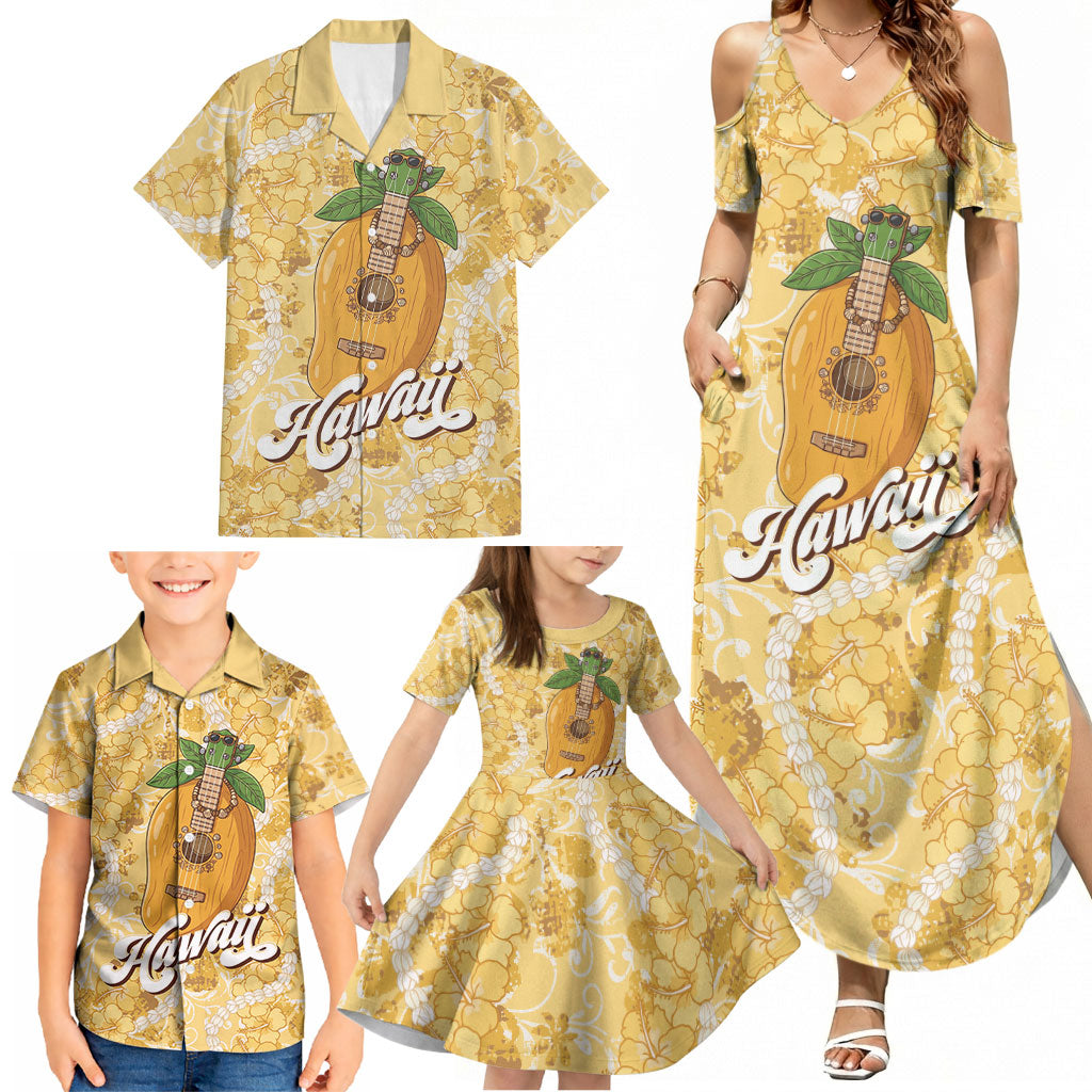 Hawaiian Mango Ukulele Family Matching Summer Maxi Dress and Hawaiian Shirt Retro Yellow Hibiscus Pikake Lei