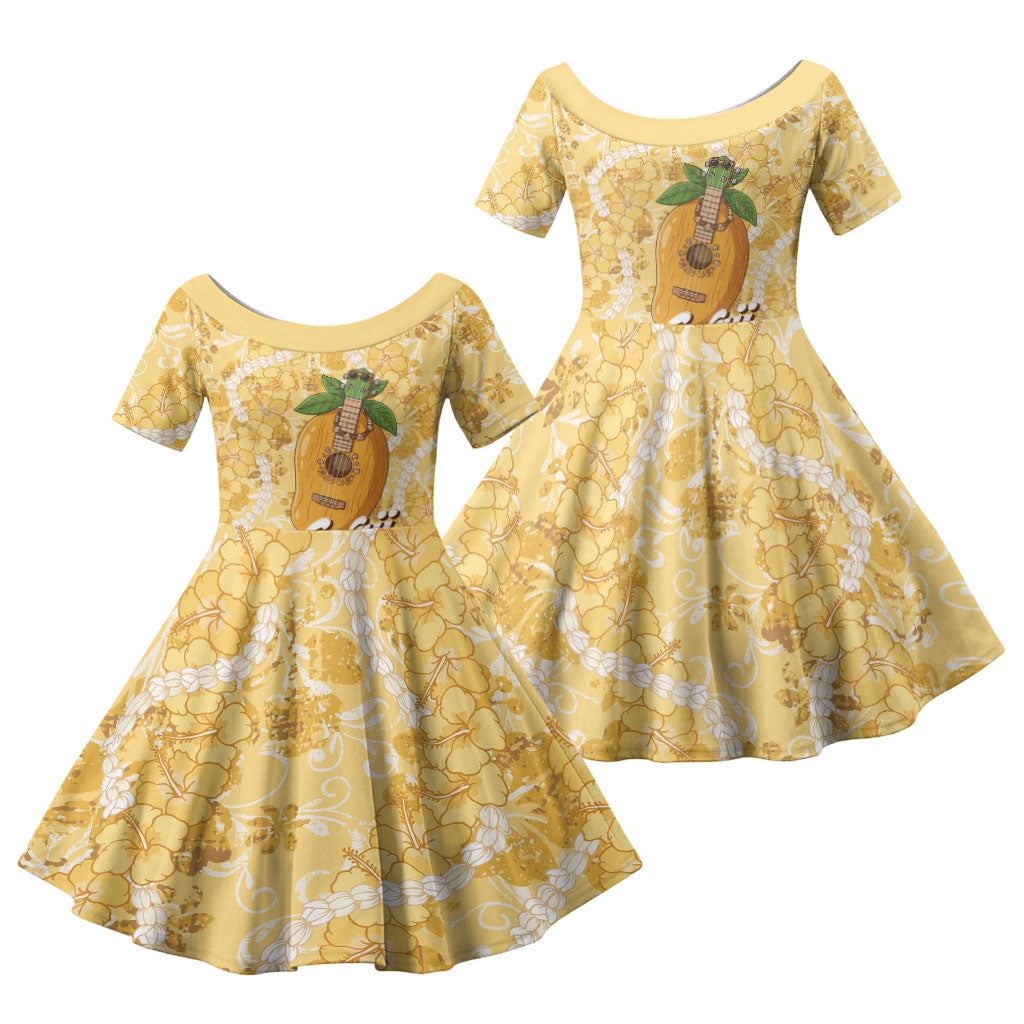 Hawaiian Mango Ukulele Family Matching Summer Maxi Dress and Hawaiian Shirt Retro Yellow Hibiscus Pikake Lei