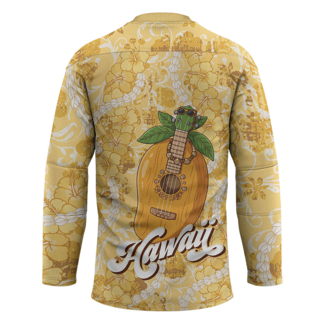 Hawaiian Mango Ukulele Hockey Jersey Retro Yellow Hibiscus Pikake Lei