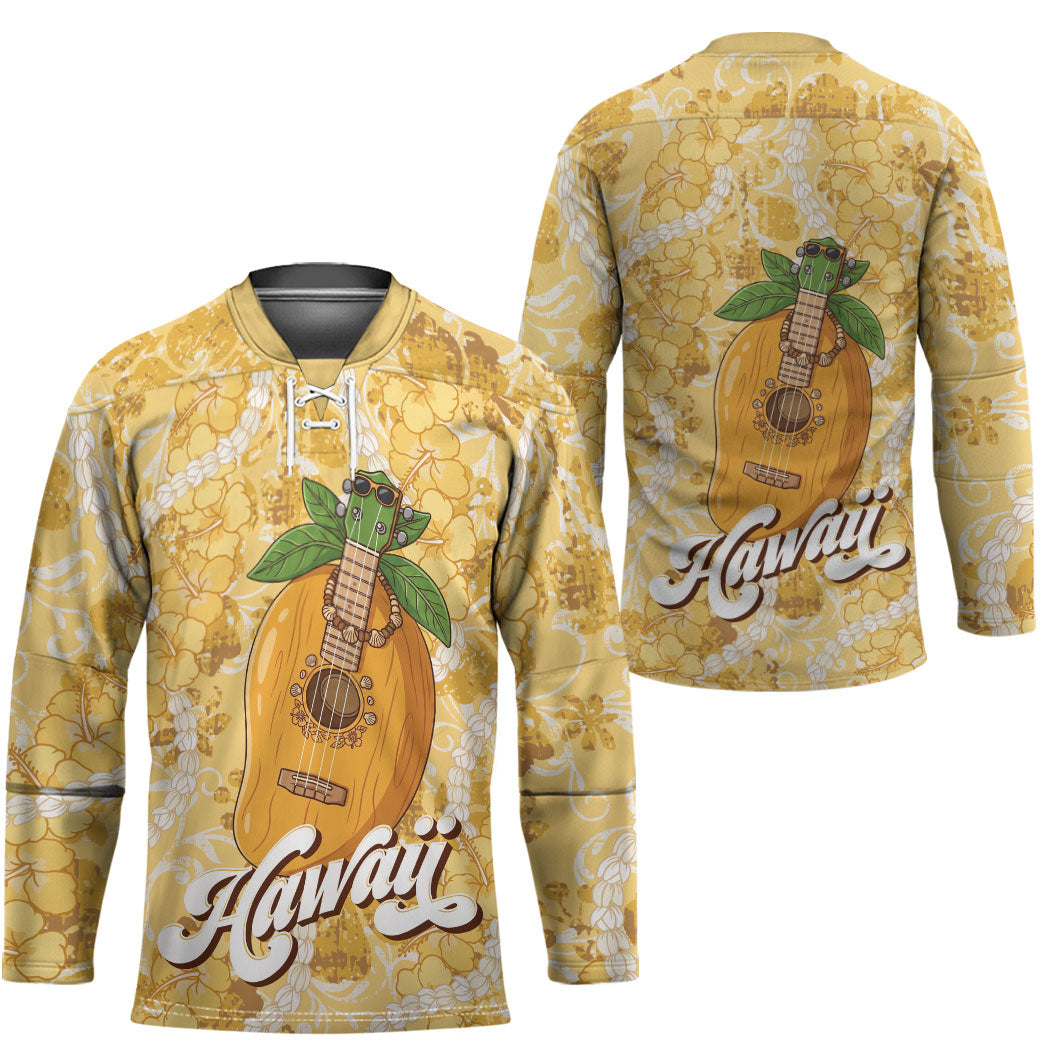 Hawaiian Mango Ukulele Hockey Jersey Retro Yellow Hibiscus Pikake Lei