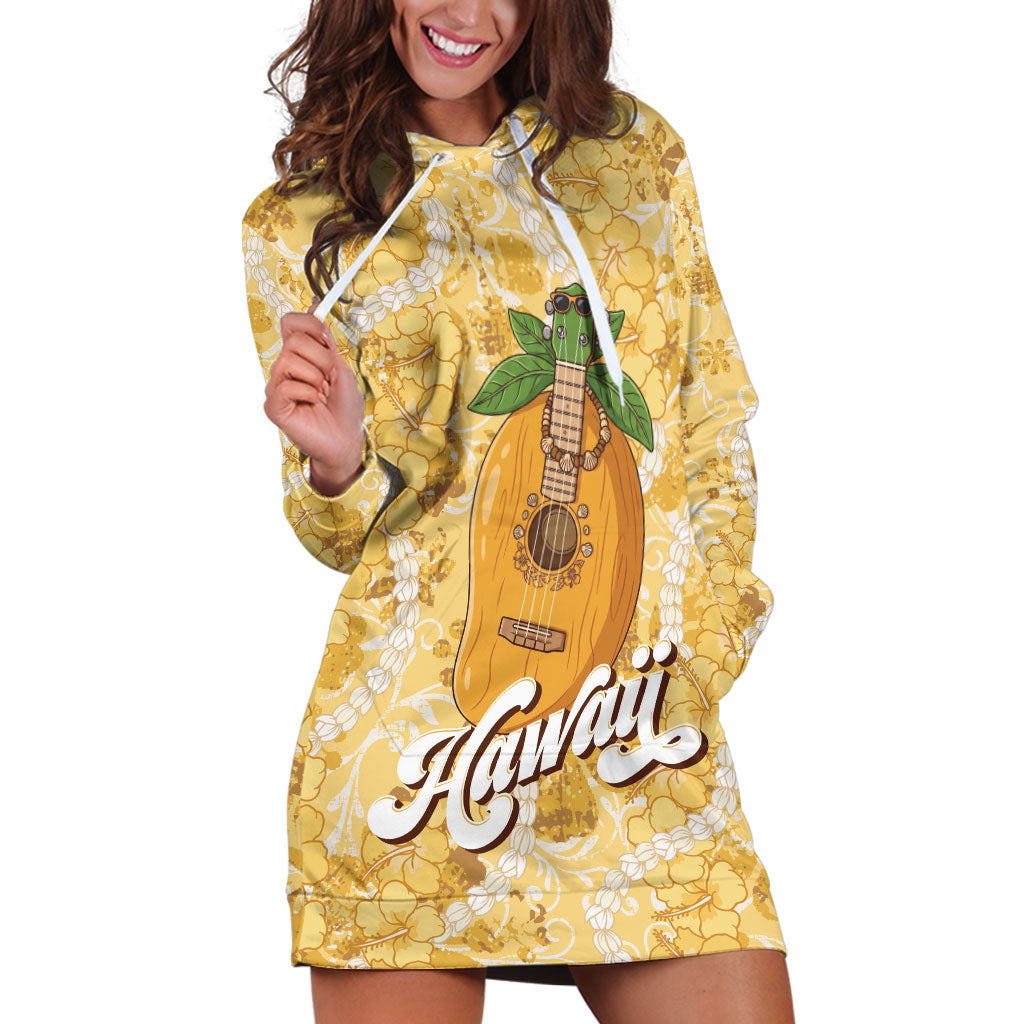 Hawaiian Mango Ukulele Hoodie Dress Retro Yellow Hibiscus Pikake Lei