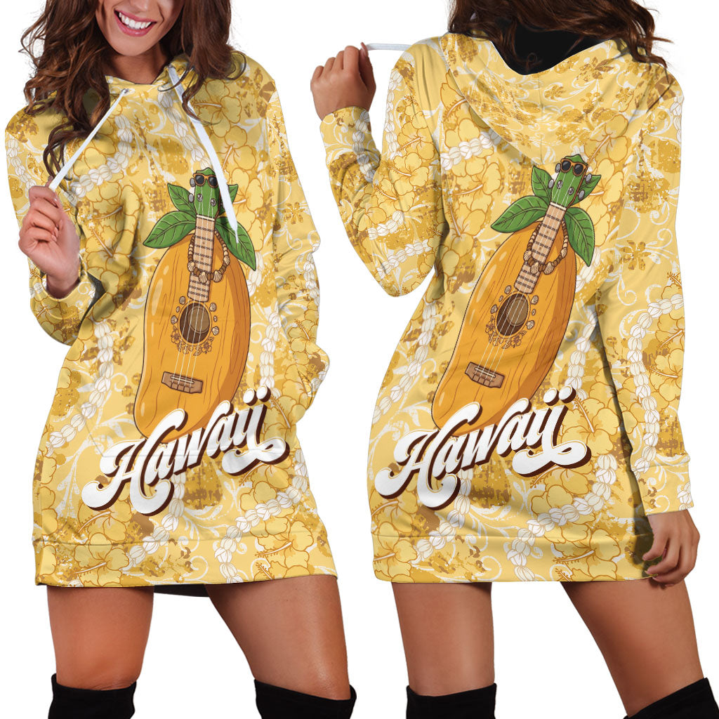 Hawaiian Mango Ukulele Hoodie Dress Retro Yellow Hibiscus Pikake Lei