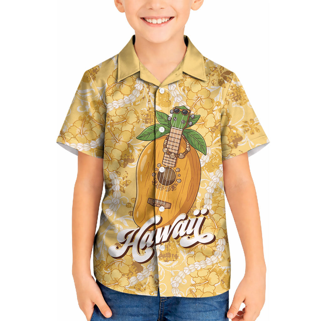 Hawaiian Mango Ukulele Kid Hawaiian Shirt Retro Yellow Hibiscus Pikake Lei