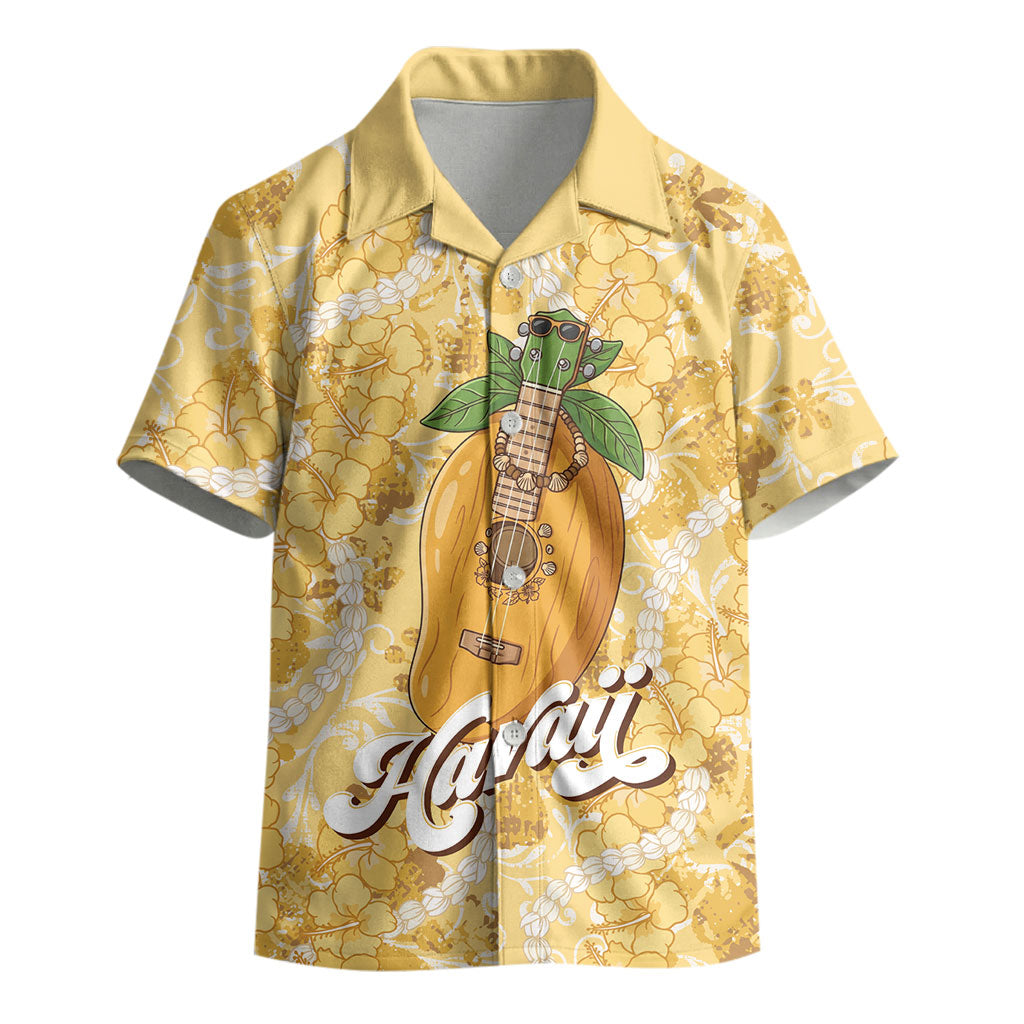 Hawaiian Mango Ukulele Kid Hawaiian Shirt Retro Yellow Hibiscus Pikake Lei