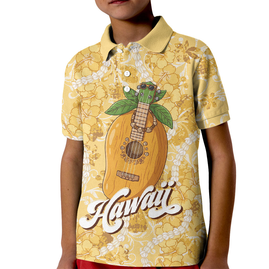 Hawaiian Mango Ukulele Kid Polo Shirt Retro Yellow Hibiscus Pikake Lei