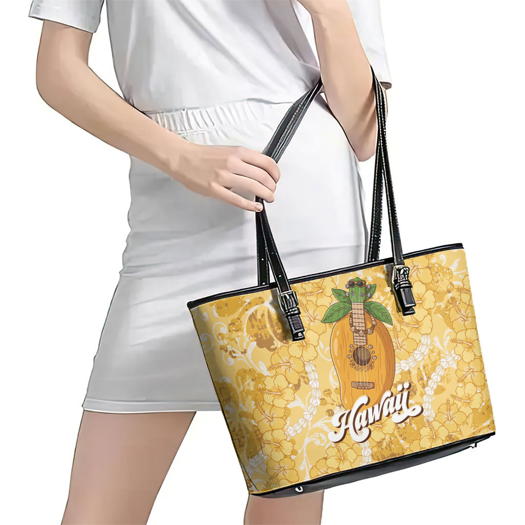 Hawaiian Mango Ukulele Leather Tote Bag Retro Yellow Hibiscus Pikake Lei