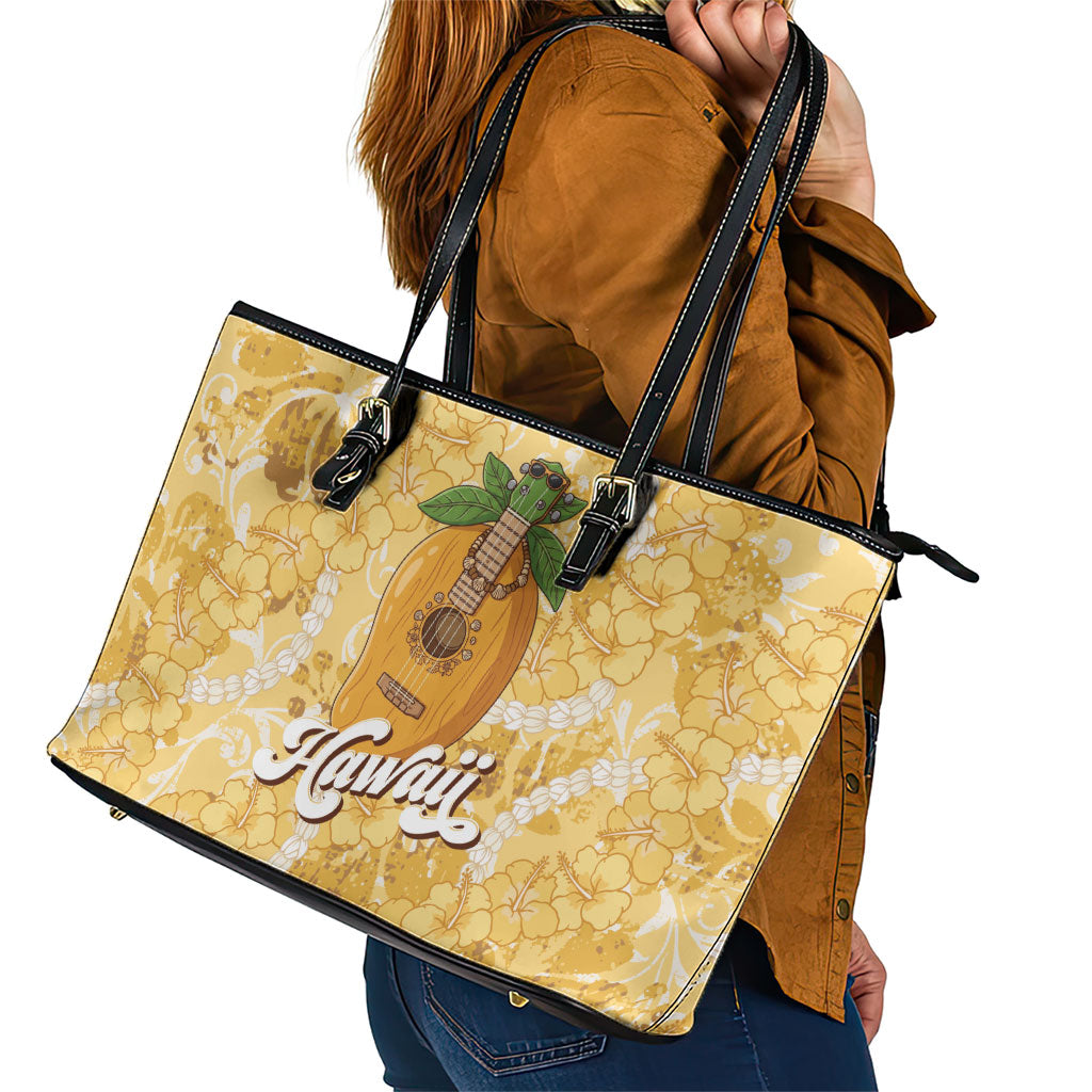 Hawaiian Mango Ukulele Leather Tote Bag Retro Yellow Hibiscus Pikake Lei