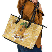 Hawaiian Mango Ukulele Leather Tote Bag Retro Yellow Hibiscus Pikake Lei