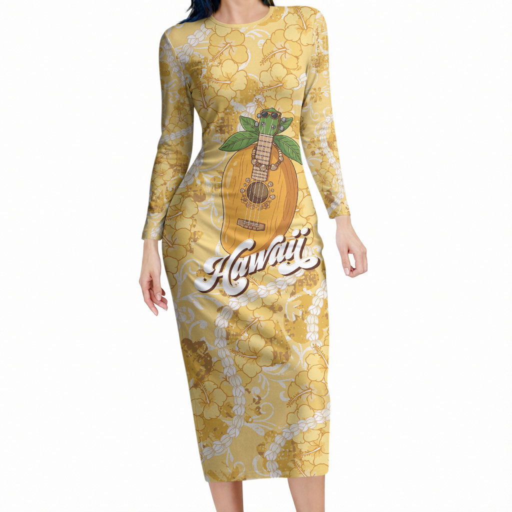 Hawaiian Mango Ukulele Long Sleeve Bodycon Dress Retro Yellow Hibiscus Pikake Lei