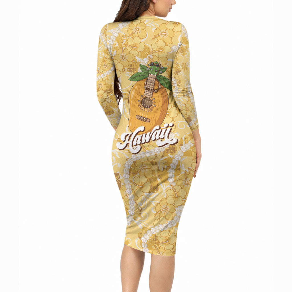Hawaiian Mango Ukulele Long Sleeve Bodycon Dress Retro Yellow Hibiscus Pikake Lei