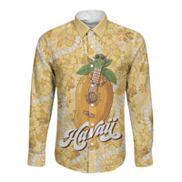 Hawaiian Mango Ukulele Long Sleeve Button Shirt Retro Yellow Hibiscus Pikake Lei