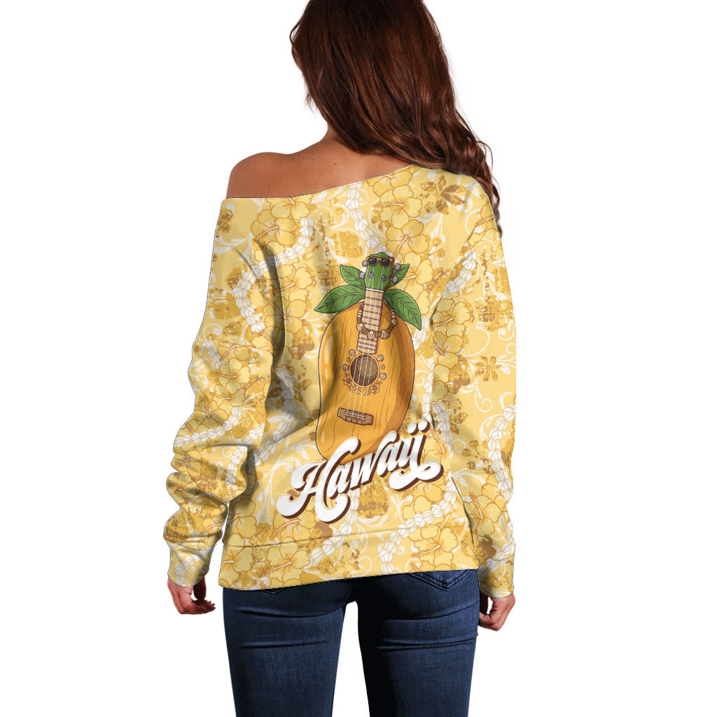 Hawaiian Mango Ukulele Off Shoulder Sweater Retro Yellow Hibiscus Pikake Lei
