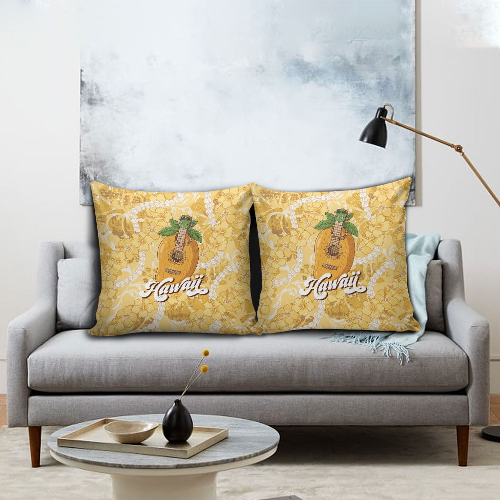Hawaiian Mango Ukulele Pillow Cover Retro Yellow Hibiscus Pikake Lei