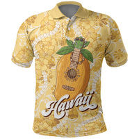 Hawaiian Mango Ukulele Polo Shirt Retro Yellow Hibiscus Pikake Lei