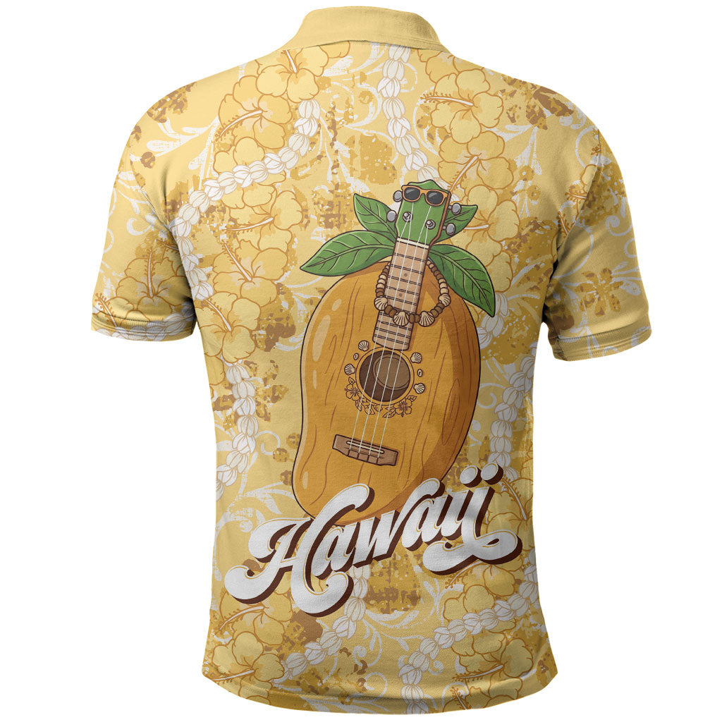 Hawaiian Mango Ukulele Polo Shirt Retro Yellow Hibiscus Pikake Lei