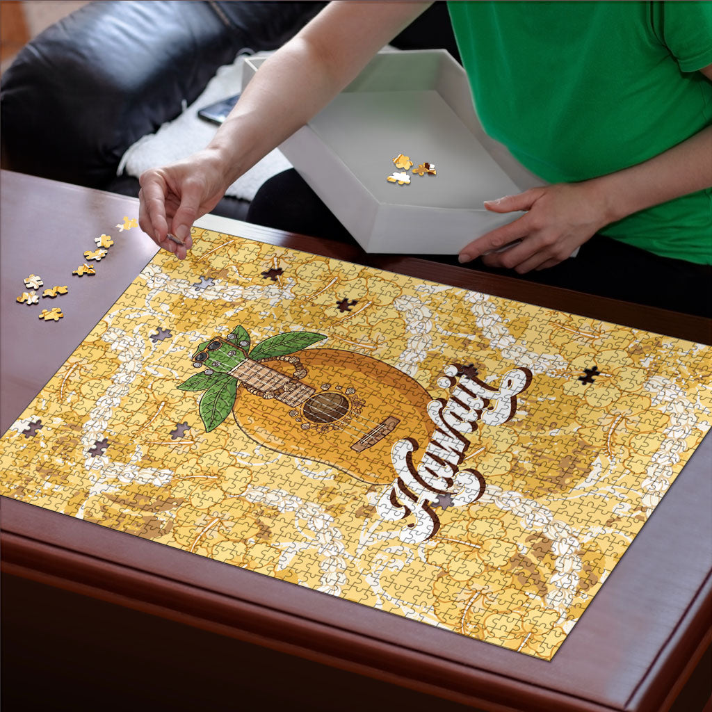 Hawaiian Mango Ukulele Puzzle Retro Yellow Hibiscus Pikake Lei