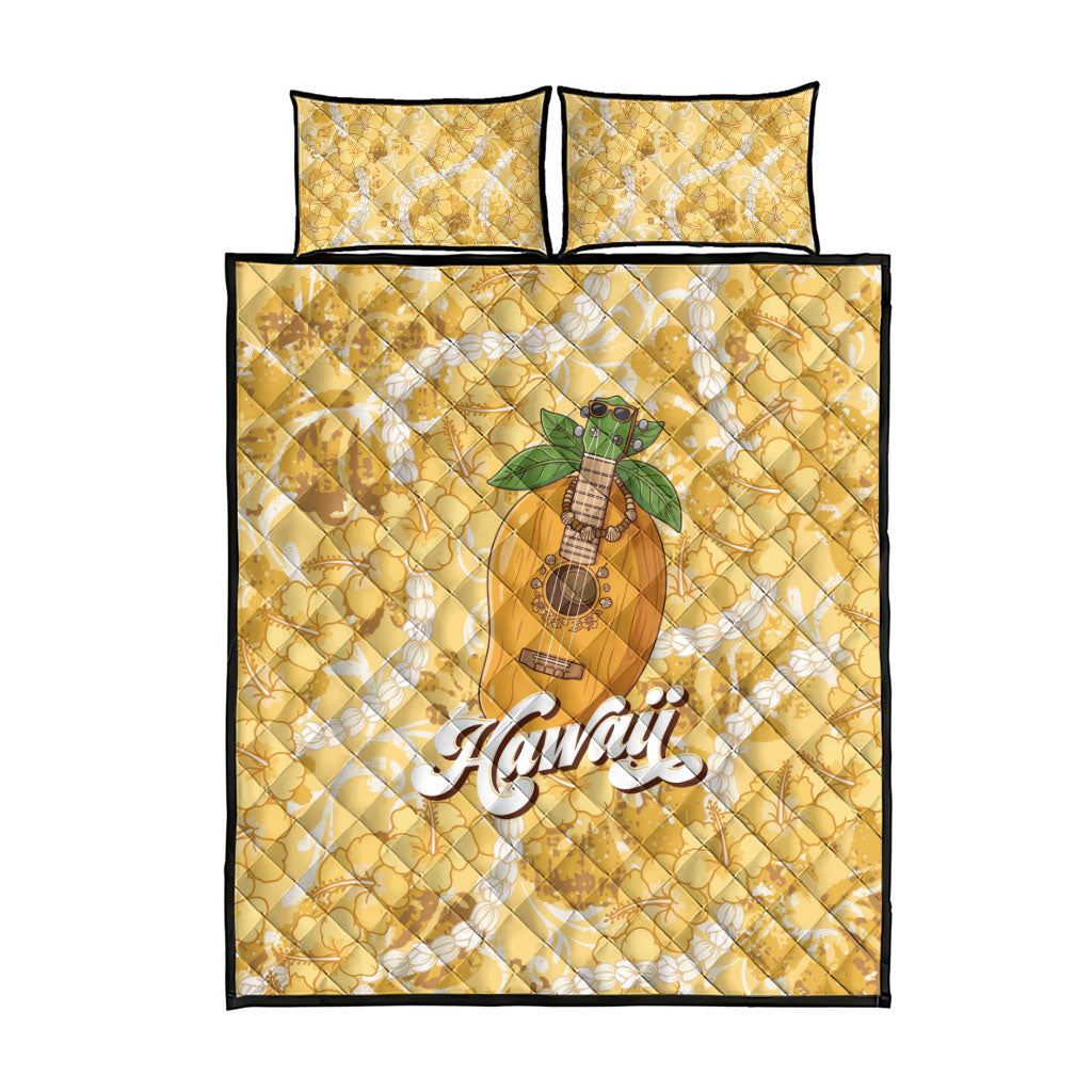 Hawaiian Mango Ukulele Quilt Bed Set Retro Yellow Hibiscus Pikake Lei